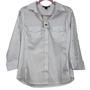 Zac & Rachel White Lace Sleeve Button Down Blouse Medium NWT Career Chic